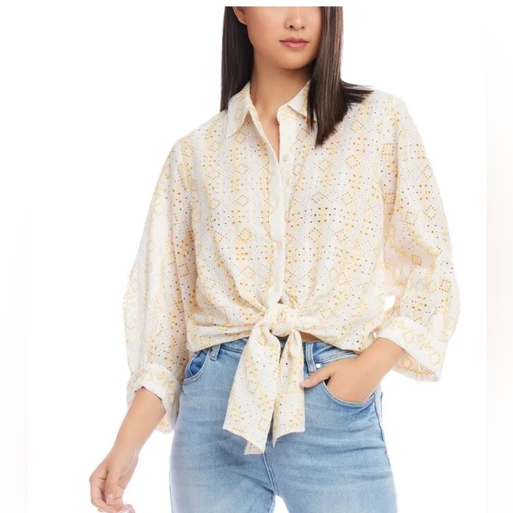 Karen Kane Size LP Eyelet Embroidered Tie Front Blouse Citrus NWT